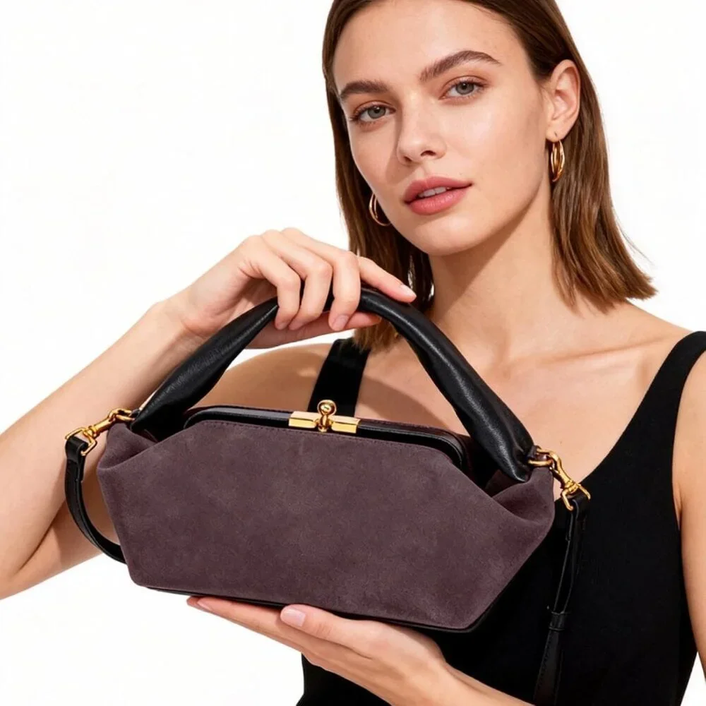 Women's Chocolate Faux Suede Vintage Slouchy Soft Satchel Kiss Lock Hobo Handbag